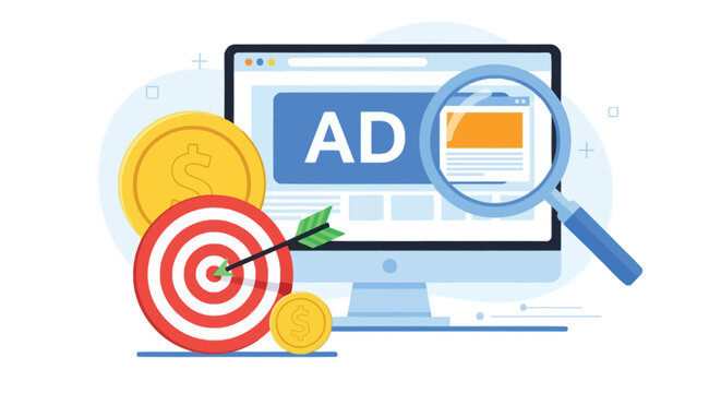 Target marketing campaign on computer monitor with magnifying glass and golden currency coins illustrating focused online advertisement and investment success.