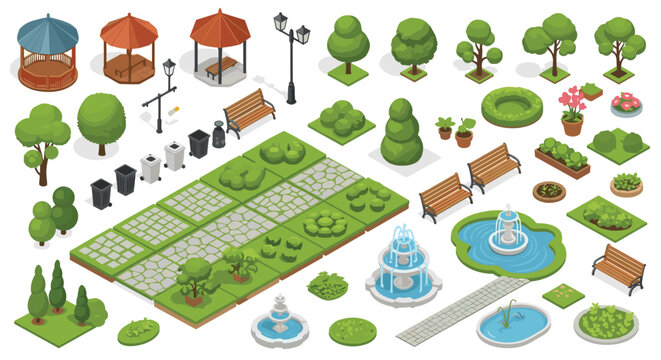 Extensive collection of isometric park elements including trees benches fountains paths gazebos and trash bins.