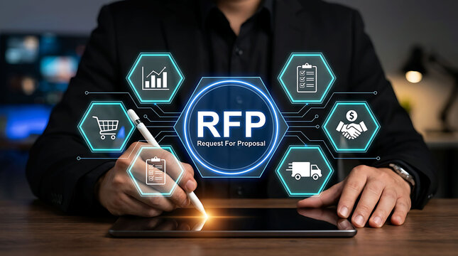 Business professional using digital tablet for RFP request for proposal process