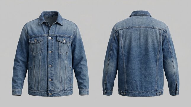 Front and back view of a classic blue denim jacket mockup, realistic casual jeans outerwear template isolated on gray background
