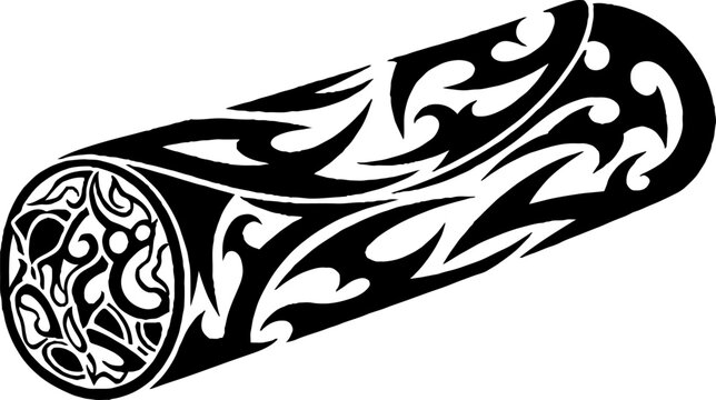 Tribal tattoo design on cylindrical wood log graphic
