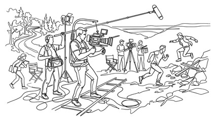 Obraz premium Film crew shooting action scene outdoors.