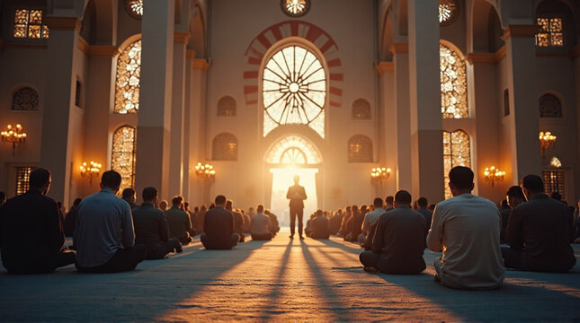 Men gathered in beautiful mosque for morning prayer service