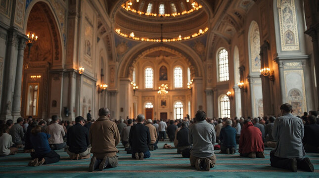 People kneeling in prayer inside a beautiful ornate mosque