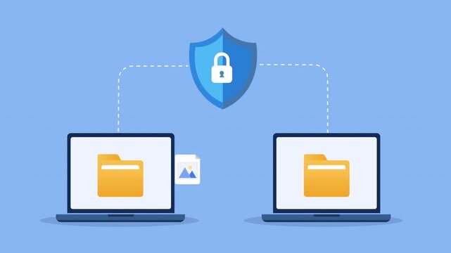 Animated flat illustration of secure file transfer between devices with encrypted data protection, cloud connectivity, and cybersecurity concepts. Ideal for technology, networking, storage, and digita