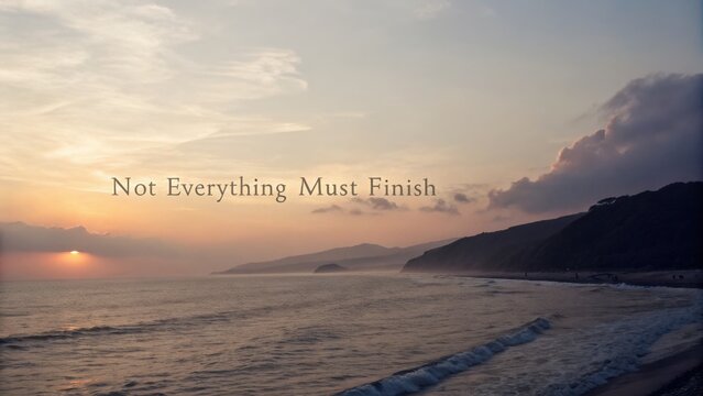 Peaceful sunset over calm ocean waves with inspirational quote highlighting the beauty of impermanence in nature's landscape