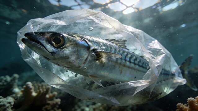 Large mackerel fish thrashing in deep ocean coral reef with dramatic lighting