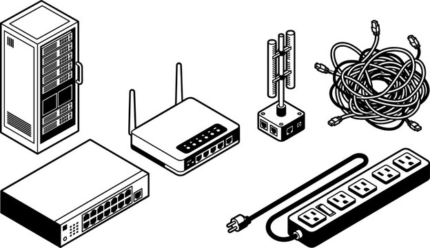 Computer Network Hardware and Data Center Server Rack Icon Set with Wi-Fi Router, Ethernet Switch, Power Strip, Antenna, and Ethernet Cable Vectors