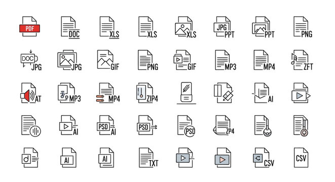Various file format icons in modern vector style for digital communication