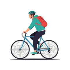 Fototapeta premium Vector illustration of a young man riding a blue bicycle, wearing a teal hoodie, red backpack, and blue safety helmet, cycling isolated on a white background for eco-friendly transport.