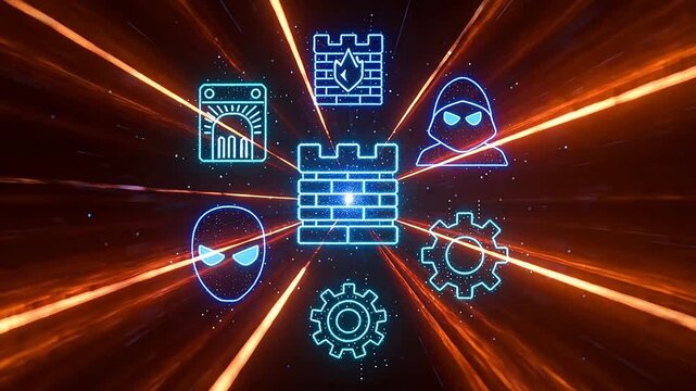 Neon blue cybersecurity icons including firewall shield router and hacker on dark background