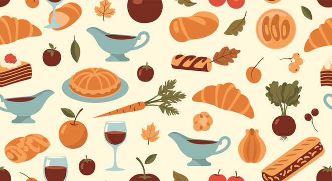 Seamless pattern for autumn or thanksgiving featuring food like pie, bread, croissants, sauce, and seasonal vegetables with leaves.