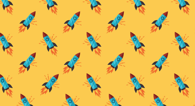 Seamless pattern featuring small blue and red rocket ships taking off into space with orange flames on a bright yellow background.