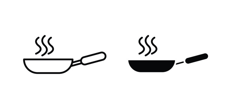 Pan frying vector icon set black filled and outlined style.