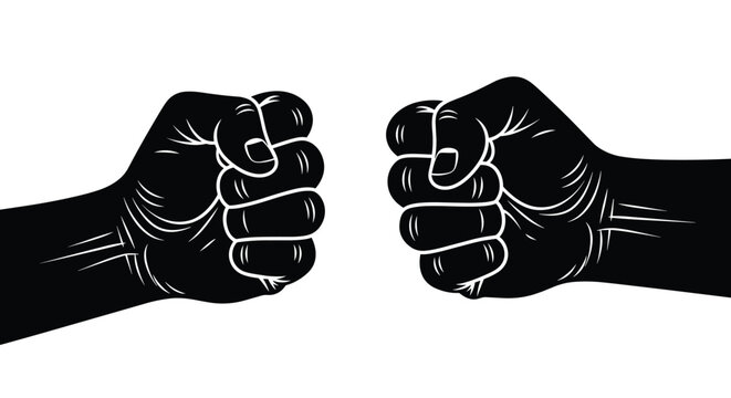 Black and white silhouette of two clenched fists facing each other representing human conflict, strength, or a formal agreement.