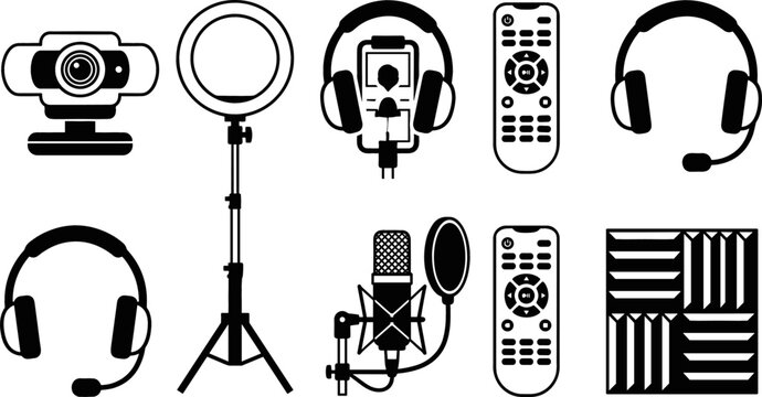 Live Streaming and Video Production Icon Set with Webcam, Ring Light Stand, Studio Microphone, Headsets, Remote Controls, and Acoustic Foam Panel Vectors