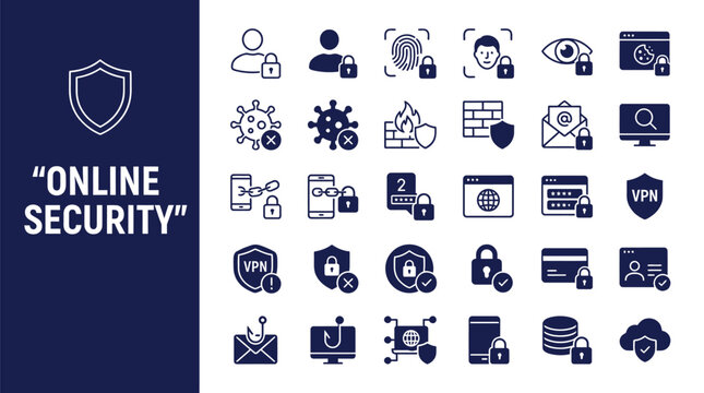 A comprehensive collection of flat dark blue icons representing modern digital online security and protection