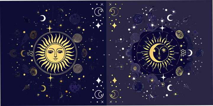 Sun And Moon Illustration With Stars Celestial Pattern On Dark Background
