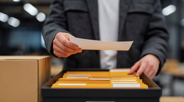 Warehouse worker organizing inventory records and files in a storage box logistics