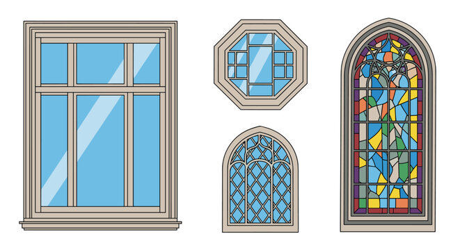 Selection of different window types features various frame styles including a colorful stained glass window.
