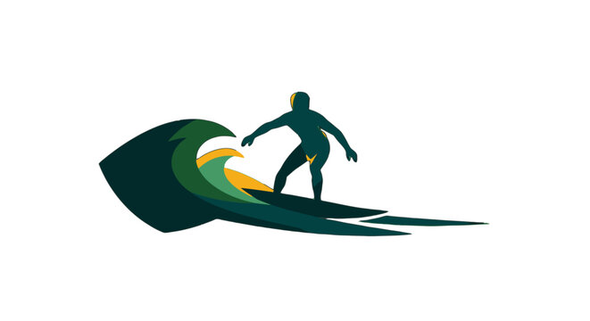 Dynamic silhouette of surfer riding stylized green wave.