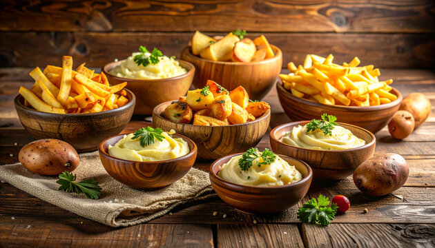 Assorted Potato Dishes Featuring Creamy Mashed Potatoes Crispy French Fries and Oven Roasted Potato Wedges in Rustic Wooden Bowls