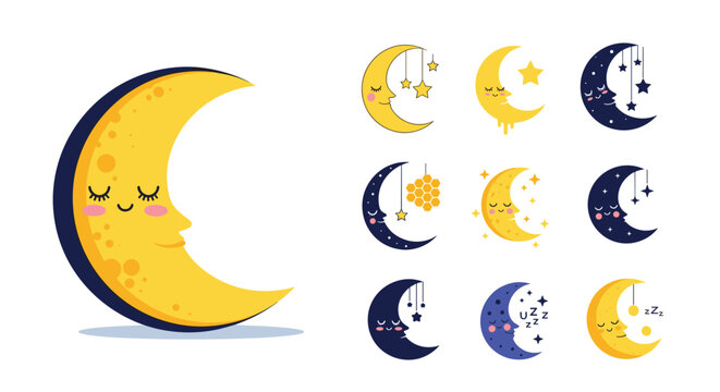 Set of cute crescent moon characters with various expressions and sleeping themes ideal for children's bedtime.