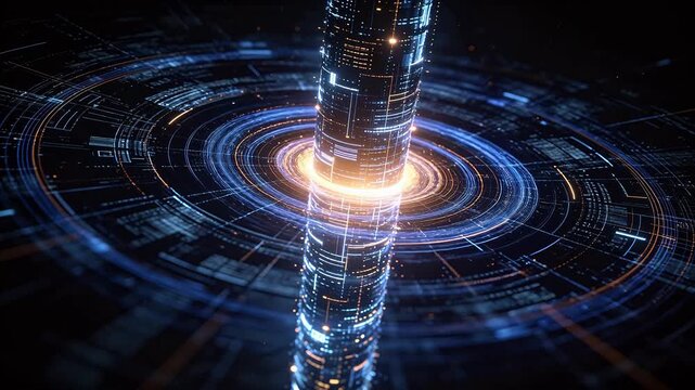 Cylindrical building with glowing lines and surrounding circular light rings in dark space