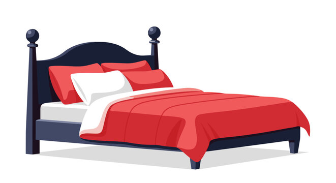 Elegant dark wooden bed is neatly made with comfortable white pillows and a thick red duvet for a restful sleep.