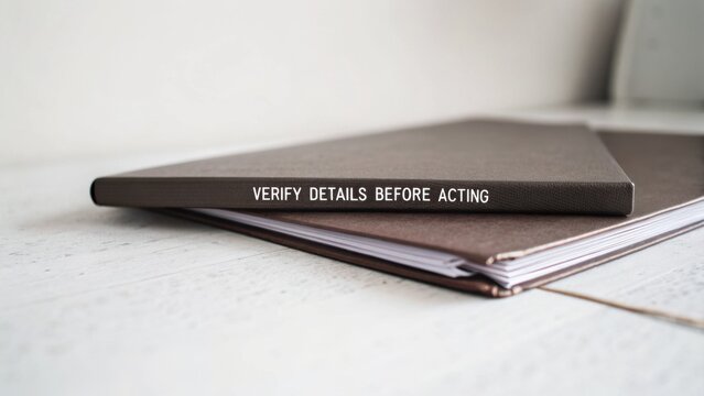 Professional Organizer's Desk with Notebooks and a Reminder to Verify Details Before Taking Action