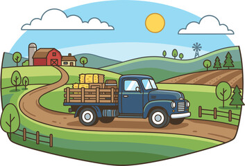 Vintage farm pickup truck with harvest in a rural countryside landscape © AMBX Project