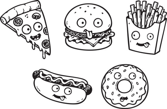 Cute Sweet Food Beverage Doodle Set Hand Drawn Cartoon Kitchen Vector Collection Isolated Flat Illustration