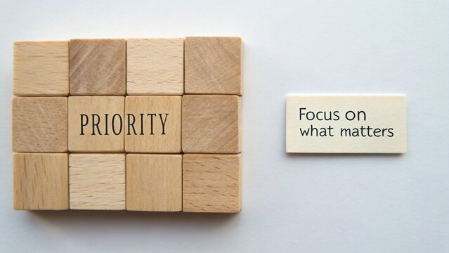 Wooden blocks spelling priority symbolizing focus on what matters in personal and professional life with a motivational quote on side