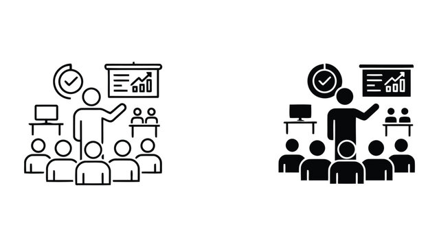 Business presentation and training session vector icon with speaker presenting charts to audience for corporate education and professional development workshop concepts