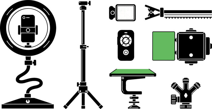 Smartphone Vlogging Ring Light and Studio Lighting Equipment Icon Set with Light Stand, Remote Control, Softbox, Clamp, and Desk Mount Vectors
