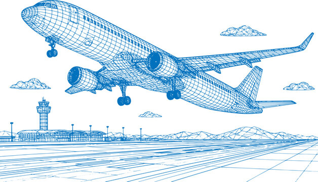 Airplane Wireframe Vector Illustration &ndash; Futuristic Aircraft 3D Mesh Engineering Blueprint Design