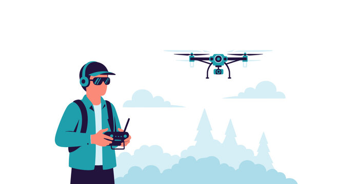 Man operating drone with controller outdoors in city