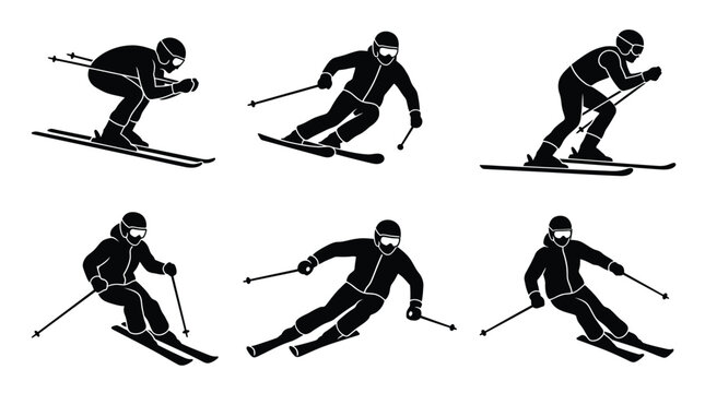 Collection of professional skiers performing various athletic alpine racing maneuvers and dynamic downhill movements showing speed and agility while wearing winter sports equipment in a set of six dis