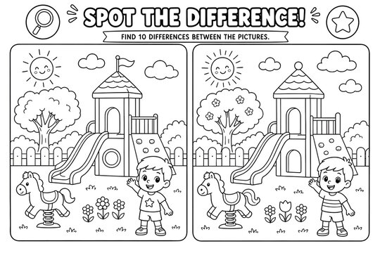 Spot the difference puzzle game for children featuring a playground scene with a slide, tree, flowers, and a happy boy