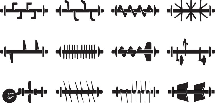 Agricultural tractor rotavator shaft and blade assembly silhouettes