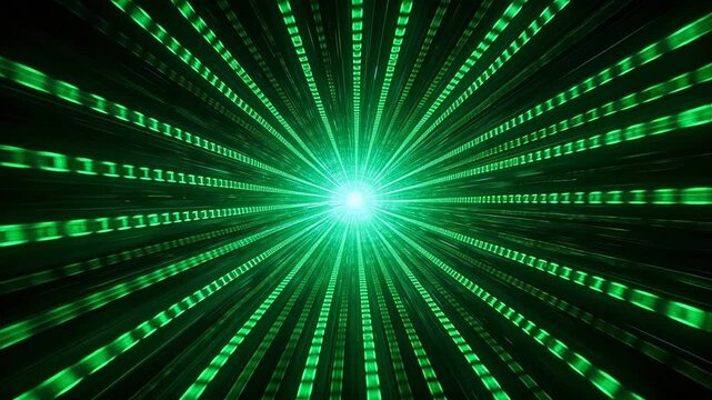 Radial green binary code tunnel with bright central light on black background
