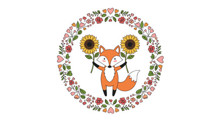 Fototapeta premium Adorable fox character holding large sunflowers inside a circular floral wreath with pink flowers and green leaves art.