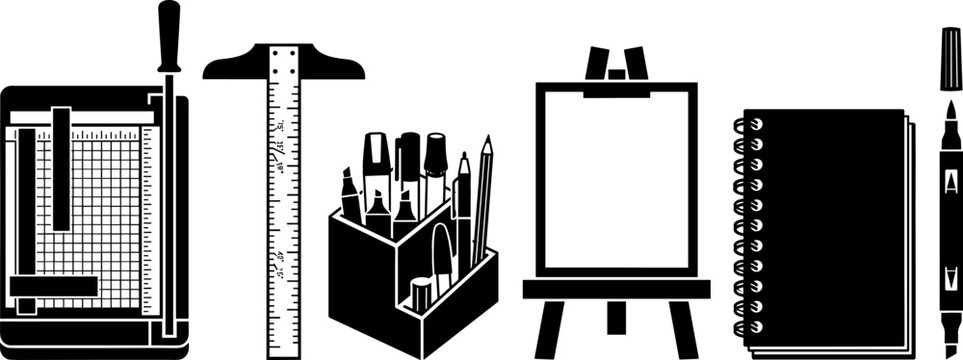 Art and Craft Studio Supplies Icon Set with Paper Cutter, T-Square Ruler, Pen Holder Organizer, Desk Easel, Notebook, and Dual Tip Marker Vectors