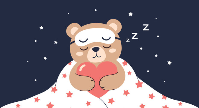 Cute bear character sleeping under a star patterned blanket while holding a red heart in a cozy night setting.