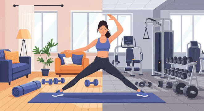 Split vector illustration of a woman in activewear performing a yoga side lunge, transitioning from a cozy home living room with a sofa to a professional gym with weight lifting equipment.
