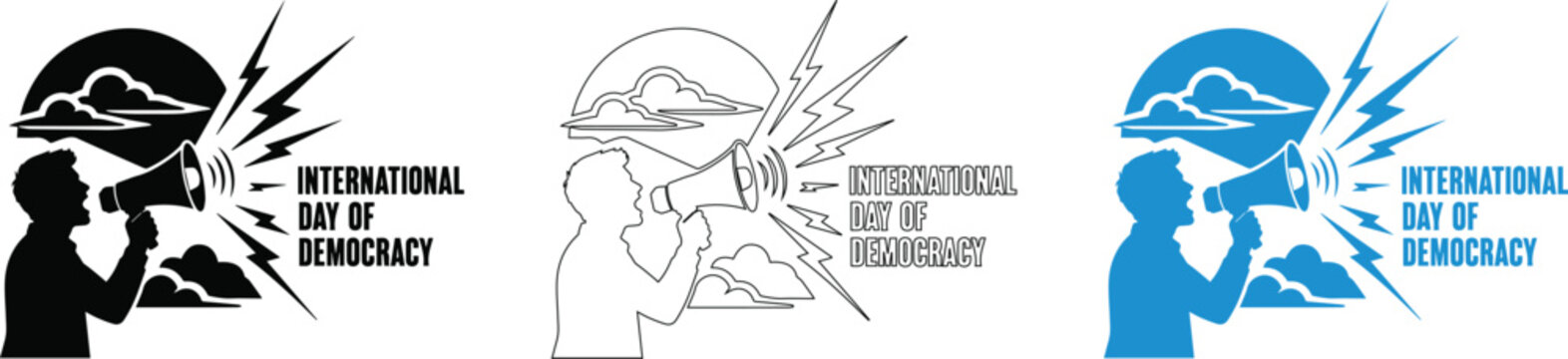 International Day of Democracy typography bundle with a man shouting in a megaphone and a lightning vector set