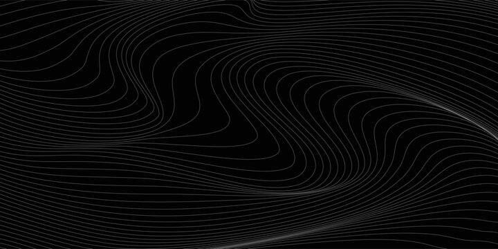 Abstract black background with thin wavy lines. Minimalist vector topographic contour or soundwave pattern.