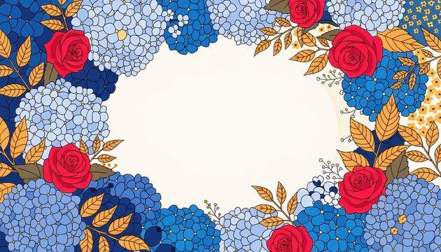 A vibrant and elegant seamless floral pattern featuring rich blue and red botanical designs