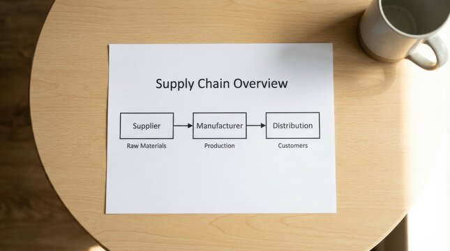 Top View of a Supply Chain Diagram on a Wooden Desk.