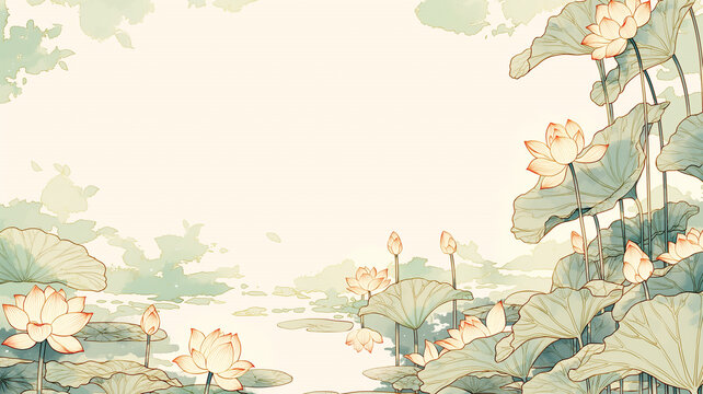 蓮の花と水面の広がりが美しいアジアの癒し系イラスト、仏、仏教、スピリチュアル、神秘的、瞑想、祈り、浄化、静寂、極楽浄土、聖域、東洋、寺院、自然、睡蓮、池、湖、花、葉、幻想、ヒーリング、ヨガ、マインドフルネス、リラックス、背景素材、壁紙、装飾、和風、東洋美術、宗教的な空気を感じる高品質デザイン、ポスター、カード、広告、チラシ、バナー、SNS投稿、ブログ、表紙、寺社、仏閣、観光、癒し、瞑想、ヨガ、余白